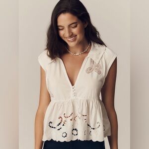 Anthropologie White Embroidered Peplum Top